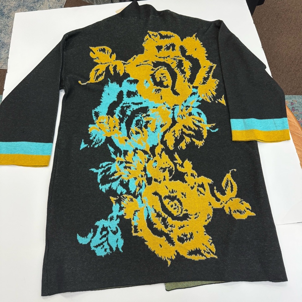 ESSITAM Cardigan Bohochic Soft Cardigan Black /Yellow / Turquoise blue  NWT